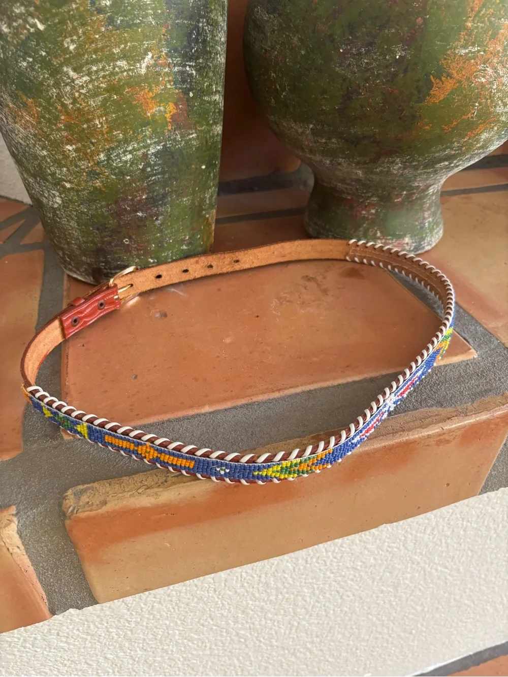Vintage hand stitched, hand beaded, genuine cowhide skinny belt: southwestern